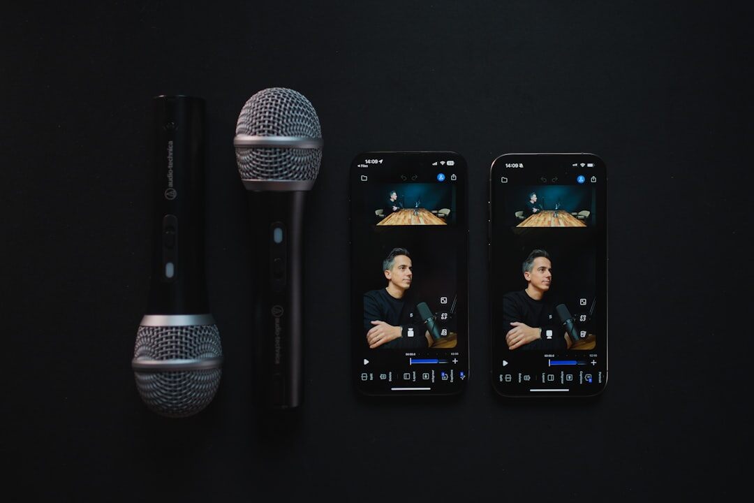 Video podcast recording with two hosts at microphones